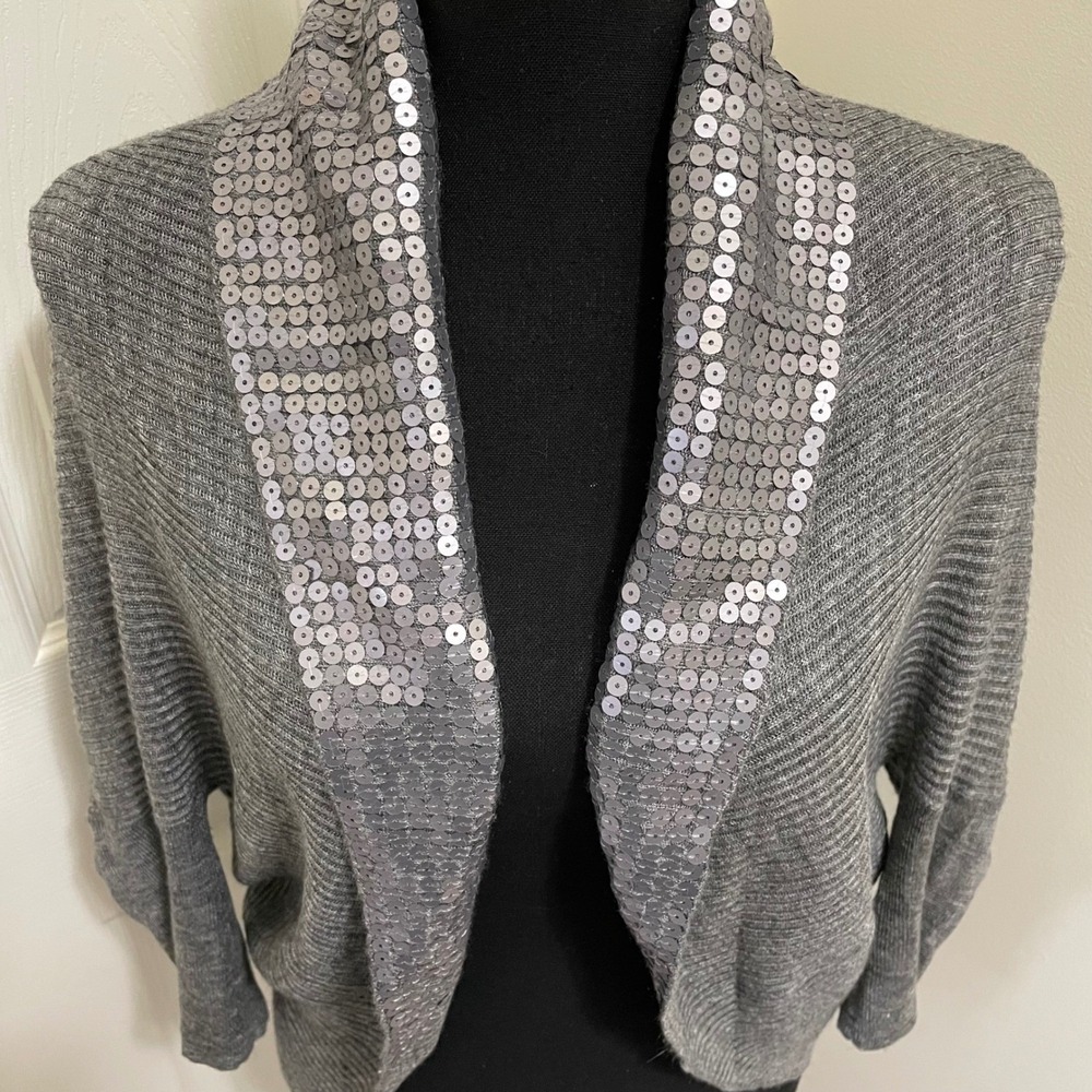 Vintage Cache Draped Open Front Cardigan Sweater Gray Wool Blend Sequin Trim S - Picture 2 of 9